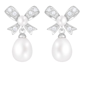 4.5-8.5mm White Cultured Freshwater Pearl and Cubic Zirconia Rhodium
Over Sterling Silver Earrings
