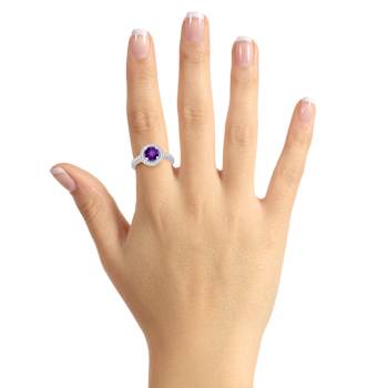 7mm Round Amethyst 1/5 ctw Diamond Rhodium Over Sterling Silver Halo Ring