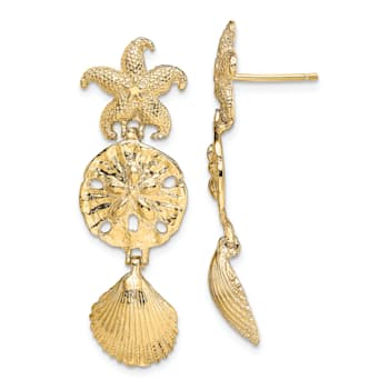 14k Yellow Gold Diamond-Cut and Textured Dangle Earrings With Starfish,
Shell and Sand Dollar