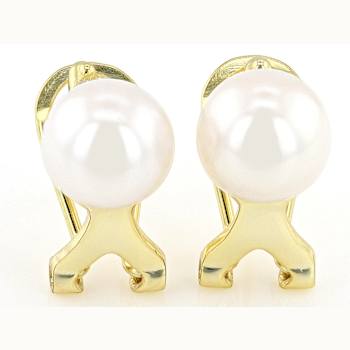 Freshwater Pearl And CZ Halo Stud Earrings In 18K Gold Over Sterling Silver