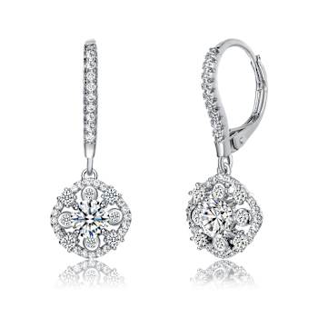 CZ Leverback Drop Earrings In Rhodium Over Brass