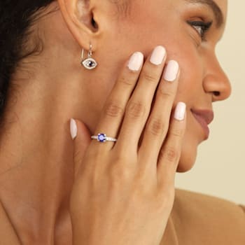 Blue Lab Created Sapphire Ring Round Solitaire Rhodium Over Sterling
Silver Ring