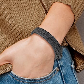 Black Braided Leather and Stainless Steel Brushed 23-inch Wrap Bracelet