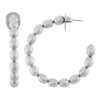 5x3mm Oval Gray Freshwater Pearl Sterling Silver Hoop Earrings