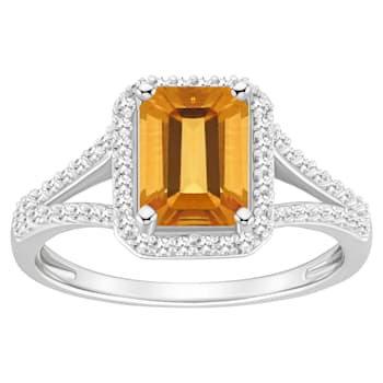 8x6mm Emerald Cut Citrine 1/4 ctw Diamond Rhodium Over Sterling Silver
Halo Ring