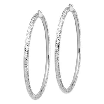Rhodium Over 14k White Gold 3 1/4" Diamond-Cut Round Tube Hoop Earrings