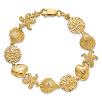 14k Yellow Gold Textured Starfish, Shell and Clam Link Bracelet