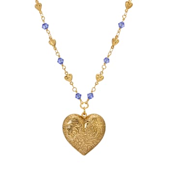Yellow Base Metal Heart Locket Blue Beaded Chain Necklace 18"