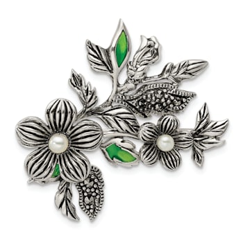 Sterling Silver Antiqued Freshwater Cultured Pearl/Marcasite/Enamel
Flower Pin