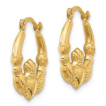 14k Yellow Gold 11/16" Polished and Textured Claddagh Hoop Earrings