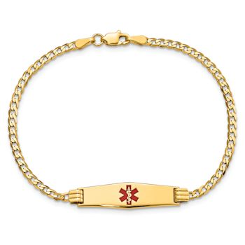14k Yellow Gold Medical Soft Diamond Shape Red Enamel Curb Link ID Bracelet