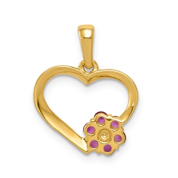 10k Yellow Gold Heart and Flower Pendant with Diamond and 0.21 cttw Ruby Gemstone