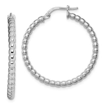 Rhodium Over Sterling Silver Beaded 3x25mm Hoop Earrings