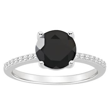 8mm Round Black Onyx and 1/10 ctw Diamond Rhodium Over Sterling Silver Ring