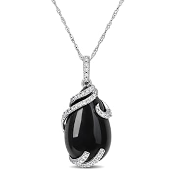 Black Onyx & Diamond 10K White Gold Pendant With Chain 9.20ctw
