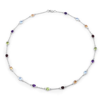 Multi Gemstone Rhodium Over Sterling Silver Station Necklace