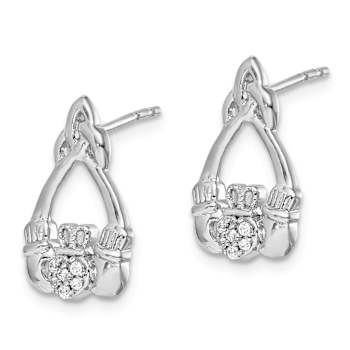 Rhodium Over 14k White Gold Diamond Claddagh Stud Earrings