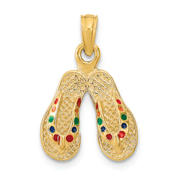 14k Yellow Gold 3D with Multi-Color Enamel Double Flip-Flop Charm