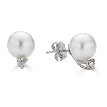14KW Stud Earrings  8.5mm Akoya Cultured  Pearl 0.14 ctw  Diamond