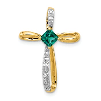 10k Yellow Gold Rhodium Over 10k Yellow Gold 0.46ctw Lab Created Emerald
and Diamond Cross Pendant