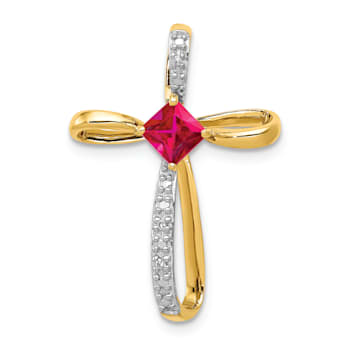 14k Yellow Gold and Rhodium Over 14k Yellow Gold Lab Created Ruby and
Diamond Cross Slide