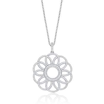 Floral CZ Pendant Necklace In Sterling Silver