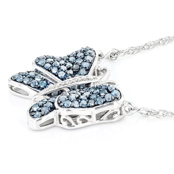 Blue And White Diamond Rhodium Over Sterling Silver 18" Butterfly
Necklace 0.70ctw