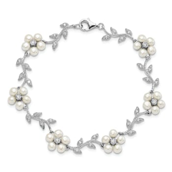 Rhodium Over Sterling Silver Freshwater Cultured Pearl and Cubic
Zirconia Floral Bracelet