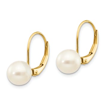 14K Yellow Gold 7-8mm White Round Freshwater Cultured Pearl Leverback Earrings
