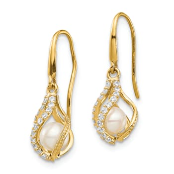 14K Yellow Gold White Freshwater Cultured Pearl and Cubic Zirconia Cage
Dangle Earrings