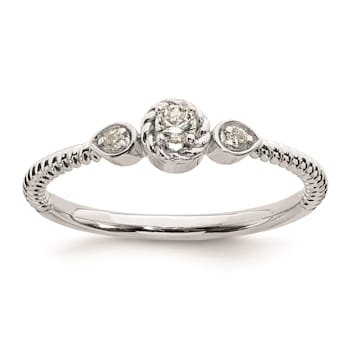 Rhodium Over 14K Gold Roped Band Petite Round Diamond Ring 0.10ctw