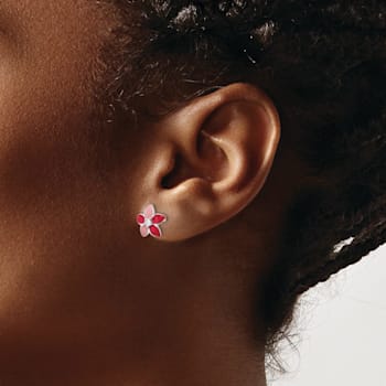 Rhodium Over Sterling Silver Pink Enamel and Cubic Zirconia Flower
Children's Post Earrings