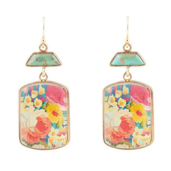 Barse Jewelry Blue Composite Turquoise Gold Tone Scenic Floral Earrings