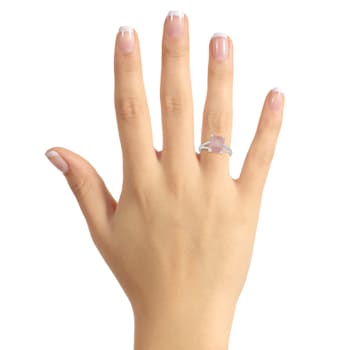 10x8mm Emerald Cut Rose Quartz Rhodium Over Sterling Silver Ring