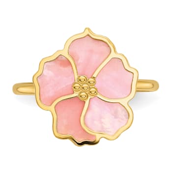 14K Yellow Gold Pink and White Mother of Pearl Flower Ring