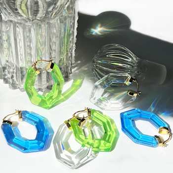 14K Yellow Gold Over Sterling Silver Pear Gem Acrylic Hoops in Clear