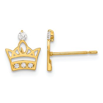 14k Yellow Gold Kids Cubic Zirconia Crown Stud Earrings