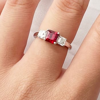 Red Lab Grown Ruby Rhodium Over Sterling Silver Three Stone Ring