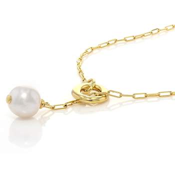 Cultured Freshwater Pearl Lariat Necklace In 18K Gold Over Bronze 20 Inch