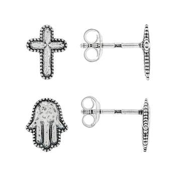 Cross And Hamsa Hand Earring Set In Sterling Silver