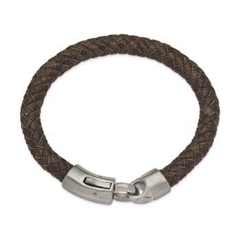 Brown Leather and Stainless Steel Brushed 8.25-inch Bracelet