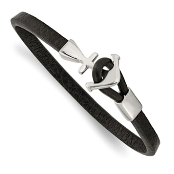 Black Leather and Stainless Steel Polished Anchor 8-inch Bracelet