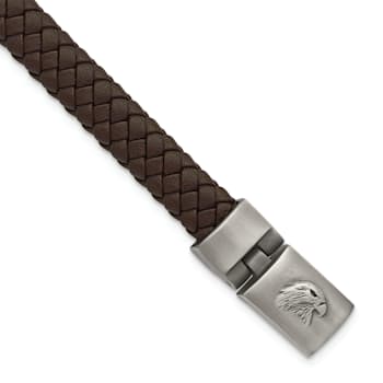 Stainless Steel Brushed Antiqued Leather 8.75 Inch Bracelet