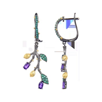 Amethyst and Nanocrystal Black Rhodium Over Sterling Silver Leaf Earrings