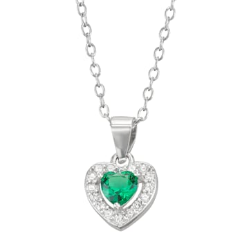 Green And White Cubic Zirconia Rhodium Over Silver Children's Heart
Pendant With Chain 0.49ctw