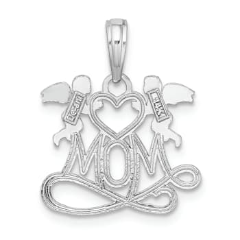 Rhodium Over 14k White Gold Mom with 2 Angels Holding Heart Charm