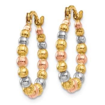 14k Yellow Gold and Rhodium Over 14k Yellow Gold 11/16" Beaded Hoop Earrings