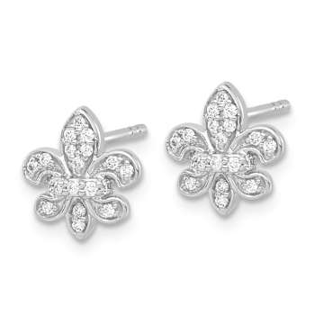 Rhodium Over 14k White Gold 10mm Fleur-De-Lis Stud Earrings with round Diamonds