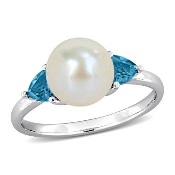London Blue Topaz & Cultured Freshwater Pearl 10k White Gold Ring 0.6ctw