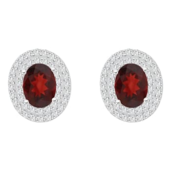 8x6mm Oval Garnet And White Topaz Accent Rhodium Over Sterling Silver
Double Halo Stud Earrings